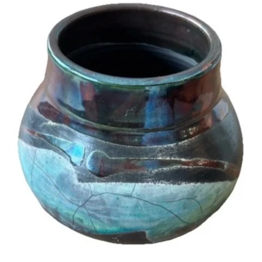 BLUE SPRUCE POTTERY RAKU VESSEL HANDMADE BEAUTIFUL RUSTIC ELEGANCE HOME DECOR